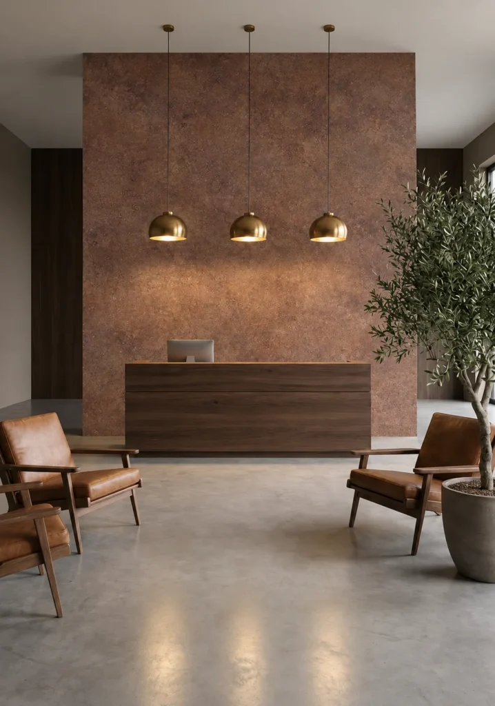Aged Bronze Antique Patina flexible stone panel used on a modern reception feature wall