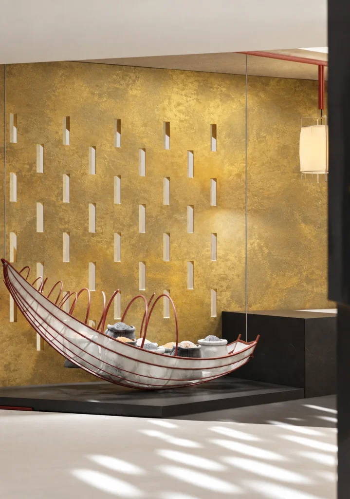Aurum Drift Metallic Flow flexible stone panel used on a gold feature wall in a contemporary art space