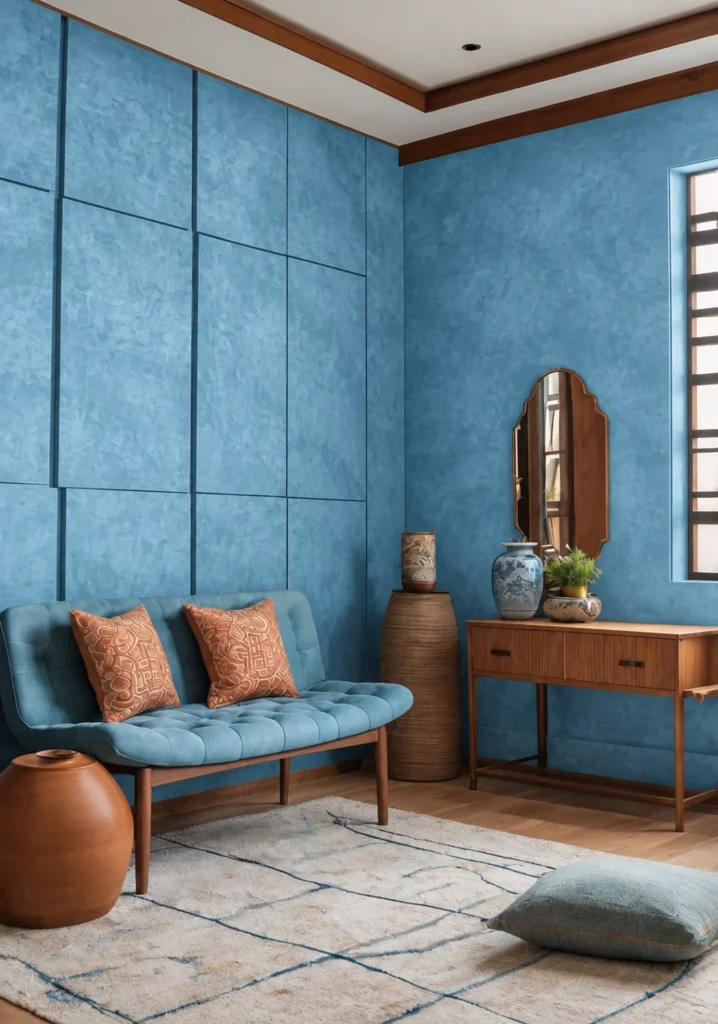 Blue textured wall finish in a living room with wood furniture and decorative ceramics