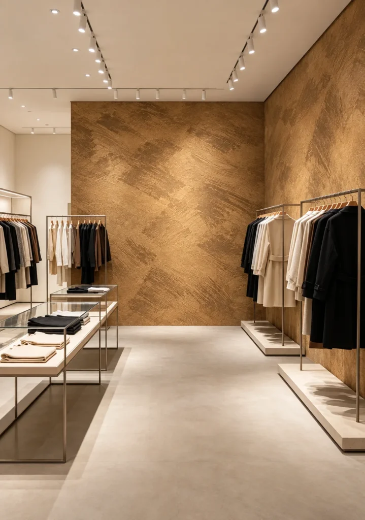 Burnished Gold Flow flexible stone panels installed on a metallic feature wall in a modern retail interior