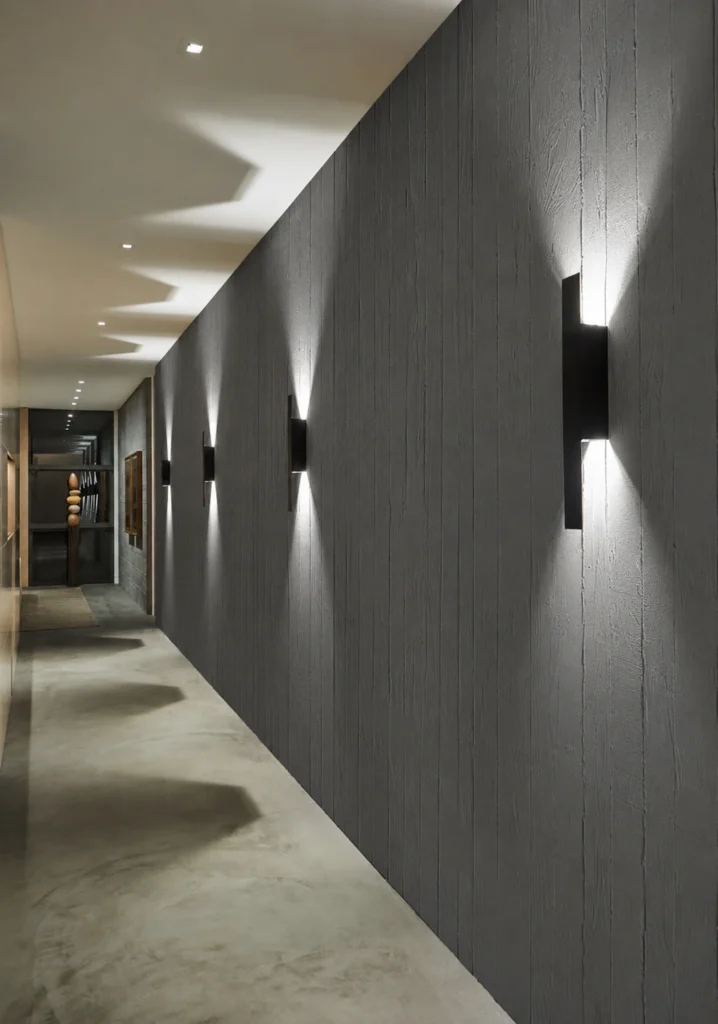 Cast Wood Grain flexible stone panels applied to a modern interior hallway wall with vertical timber imprint