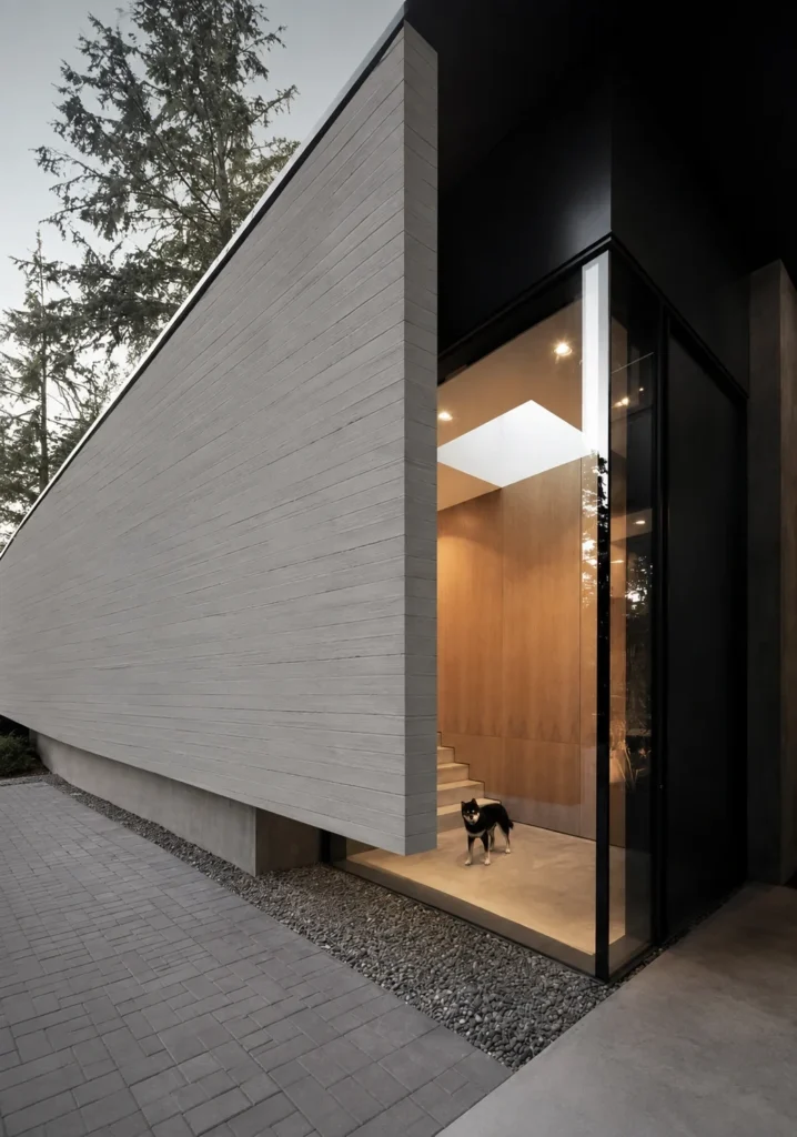 Cast Wood Grain textured wall panels used on a modern house facade with horizontal concrete style lines