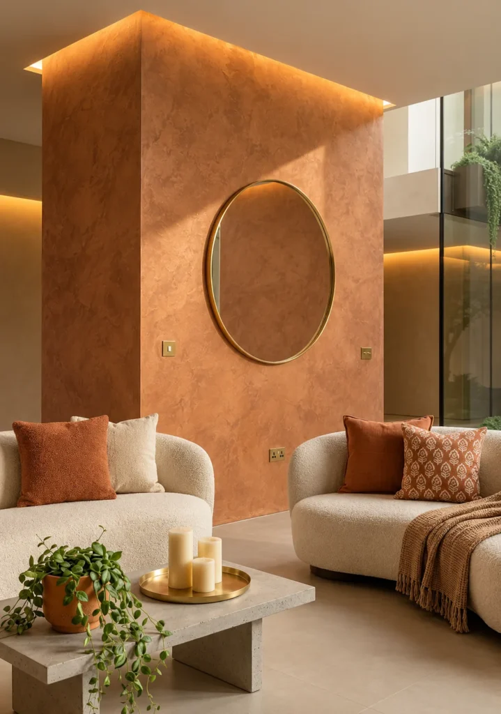 Warm copper textured feature wall with round mirror in a modern living room