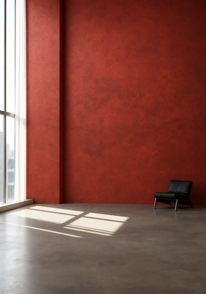 Large red textured wall in a minimalist interior with a single black chair