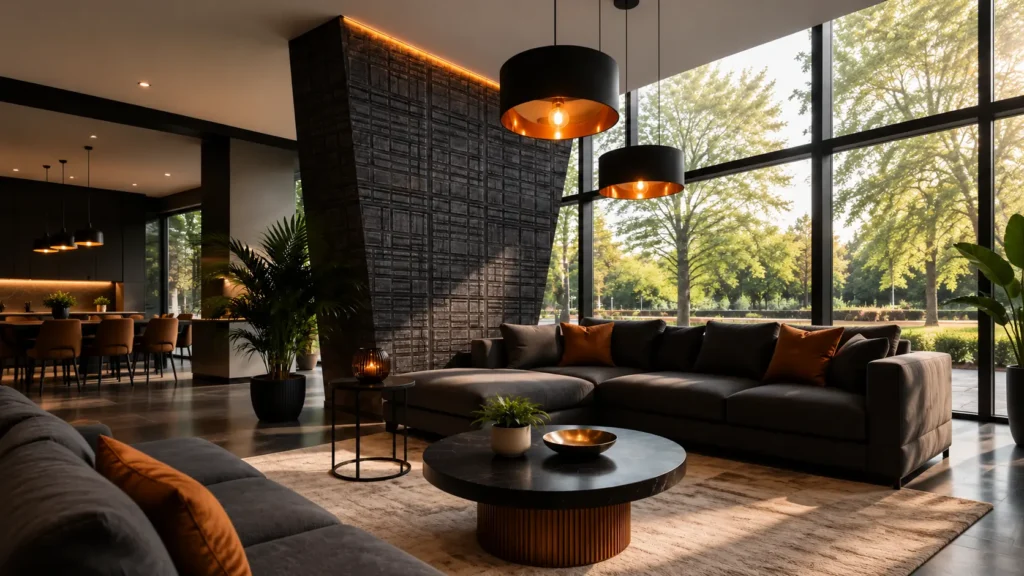 Dark textured flexible stone wall panels in a modern interior setting