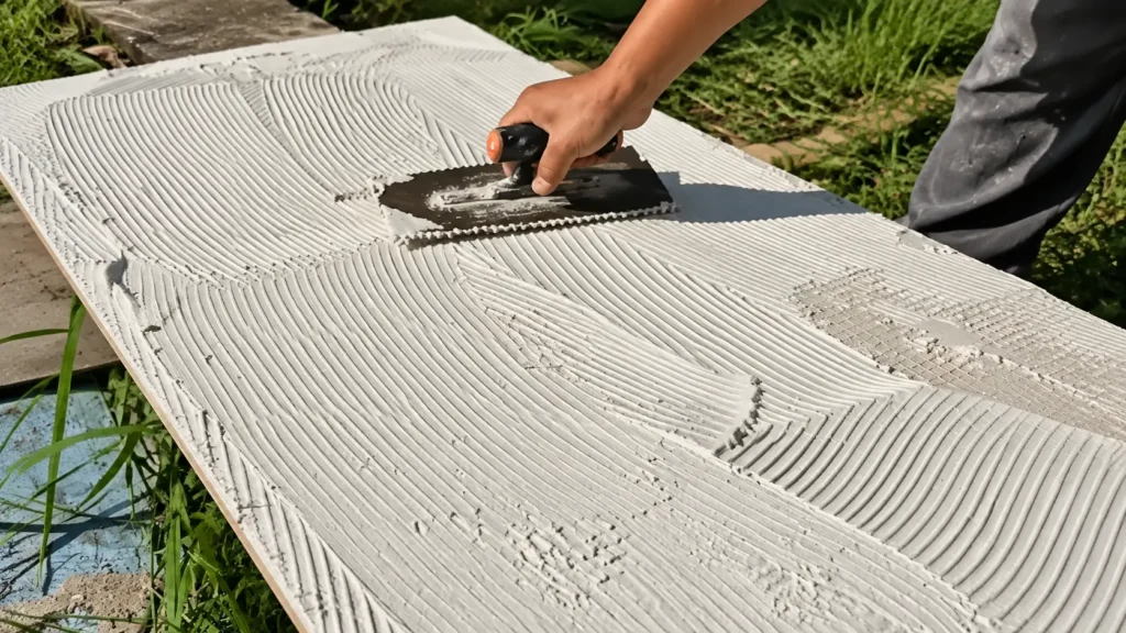 Applying adhesive evenly on the back of flexible stone veneer before installation