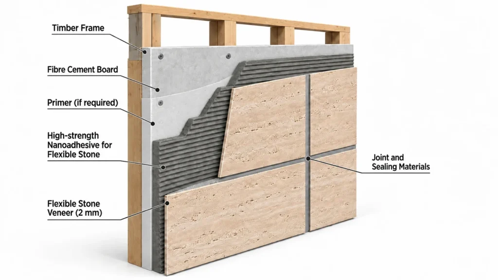 Flexible stone veneer installation system on timber frame with fibre cement board and high-strength nanoadhesive