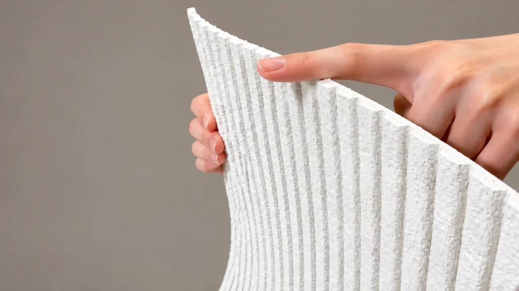 Hand bending a textured flexible stone panel to show its flexibility