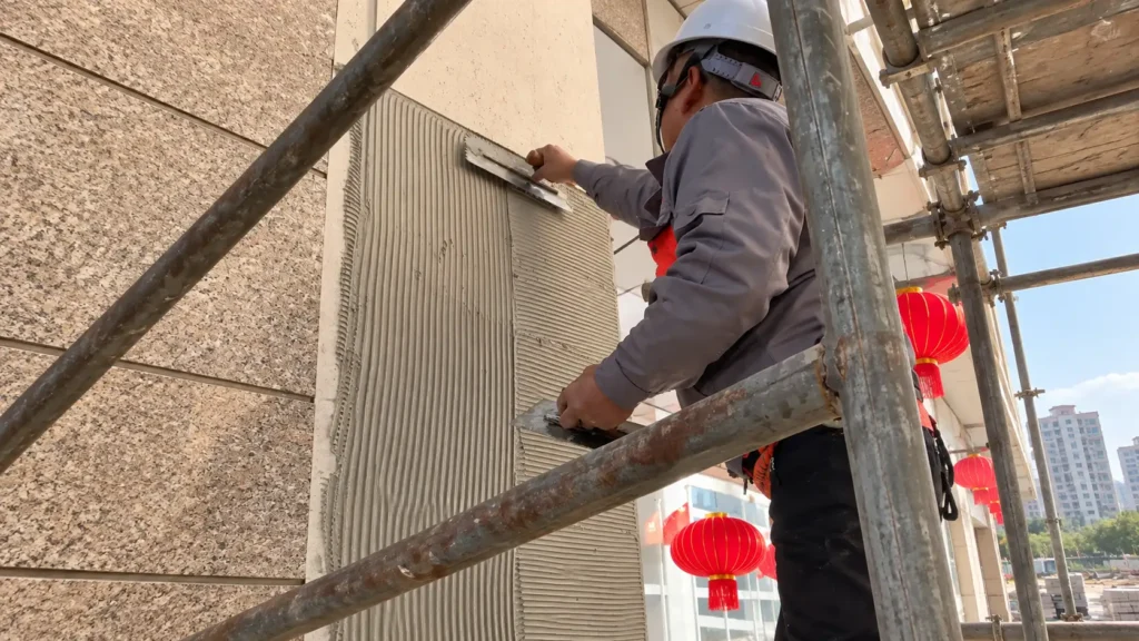 Worker applying adhesive on exterior wall before installing flexible stone veneer