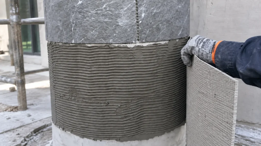 Worker installing flexible stone on a curved exterior wall over combed adhesive