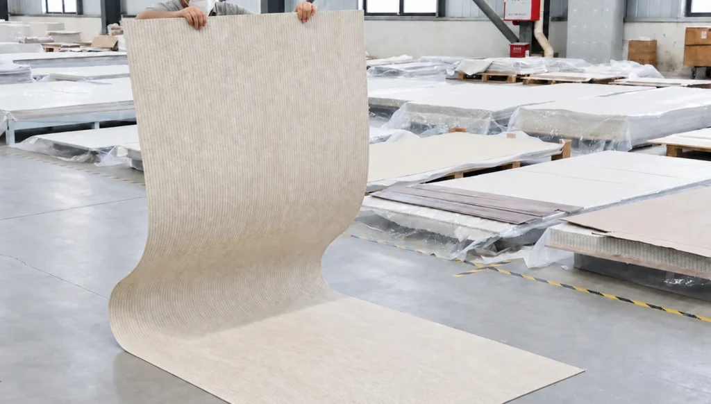 Large flexible stone sheet bent to demonstrate use on curved surfaces