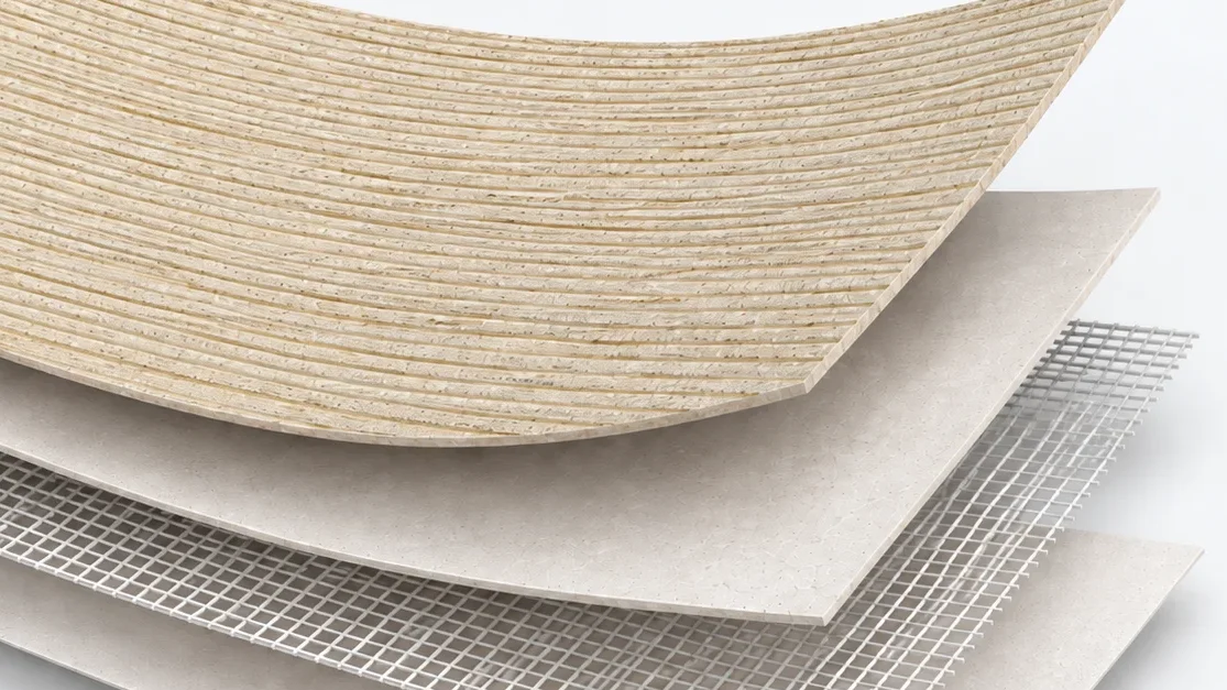 Layered structure of YITA flexible stone with mineral composite and fiberglass mesh reinforcement