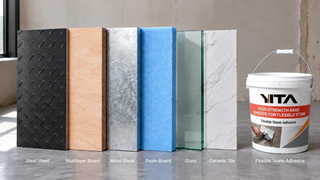 Sample display of compatible substrates for flexible stone, including steel sheet, multilayer board, metal sheet, foam board, glass, ceramic tile and flexible stone adhesive