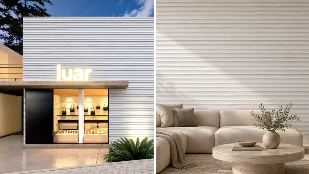 Flexible stone used on an exterior commercial facade and an interior living room wall