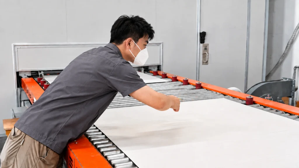 Worker inspecting flexible stone panels on a production line during the manufacturing process