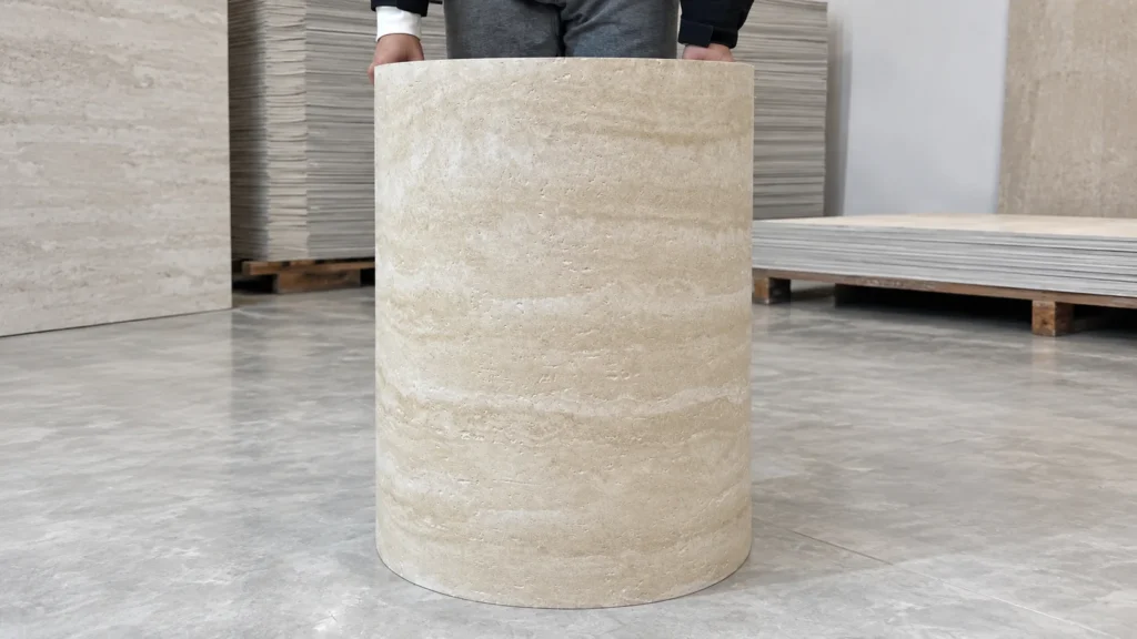 Flexible stone panel bent into a curved shape to show its flexibility for renovation projects