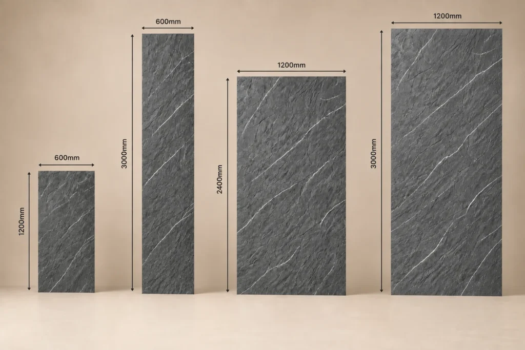 Comparison of four flexible stone panel sizes: 600 × 1200 mm, 600 × 3000 mm, 1200 × 2400 mm and 1200 × 3000 mm