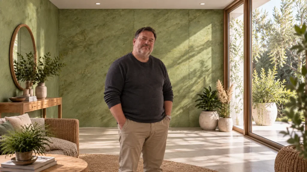 Renovated interior with green flexible stone wall panels and natural daylight