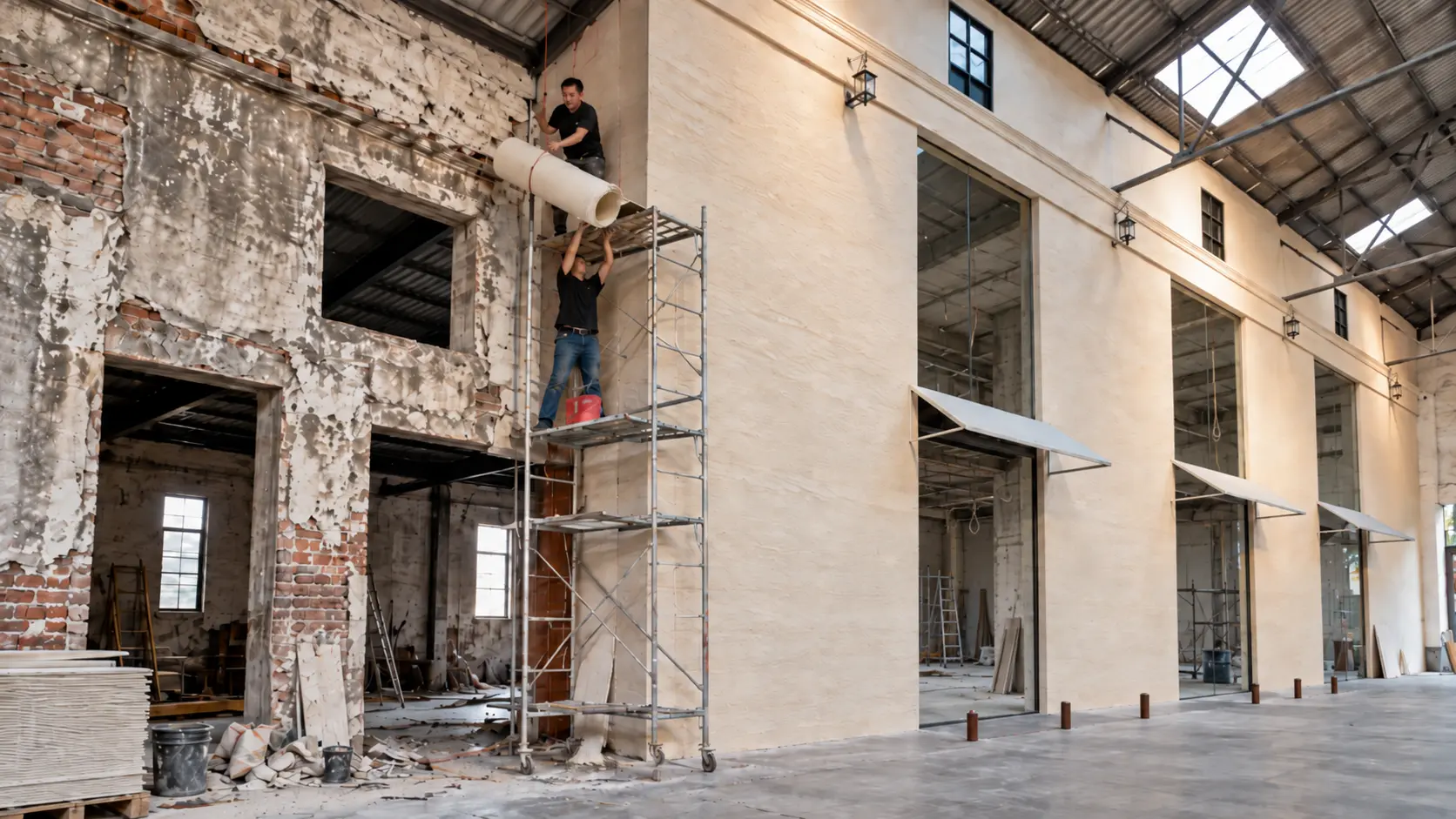 Workers installing flexible stone during an industrial building renovation.