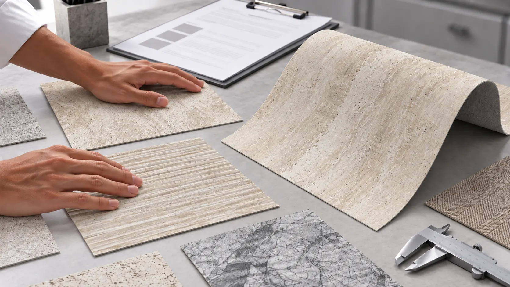 Flexible stone samples being reviewed on a technical workbench with measuring tools