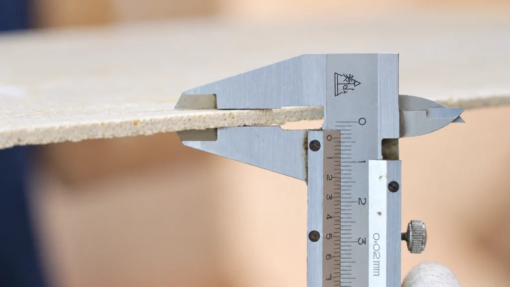 Caliper measuring the thickness of a flexible stone sheet