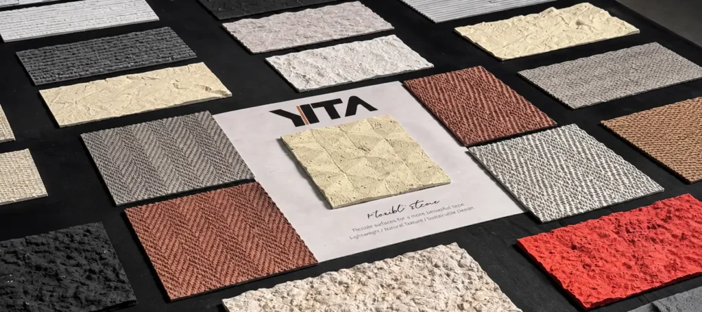Flexible stone finish samples showing different textures and surface styles