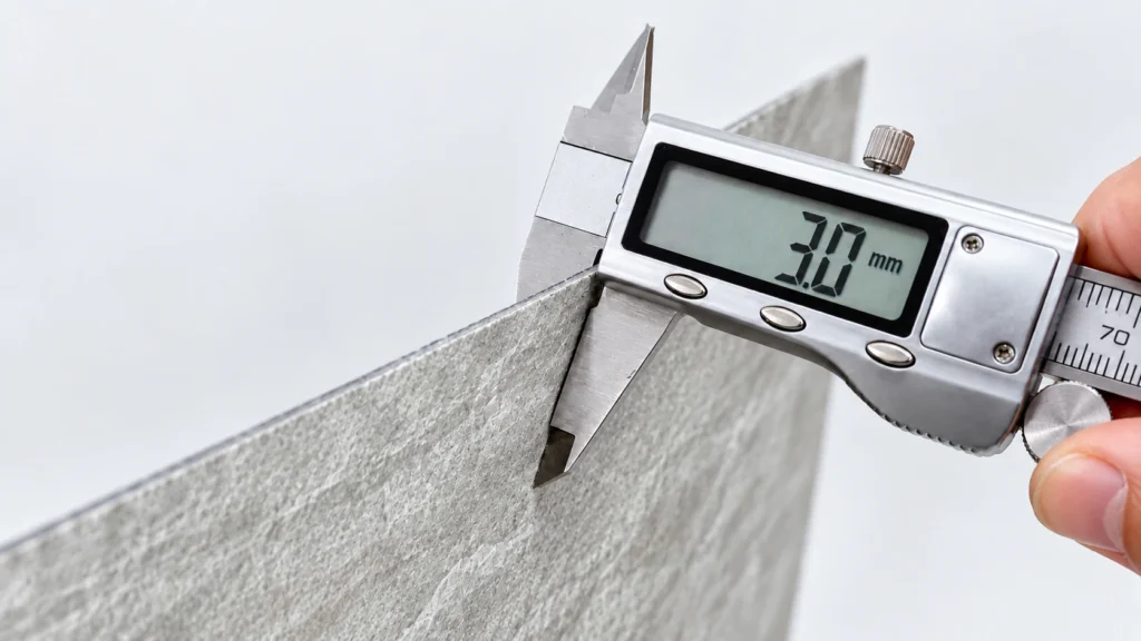 Digital caliper measuring a 3mm flexible stone panel