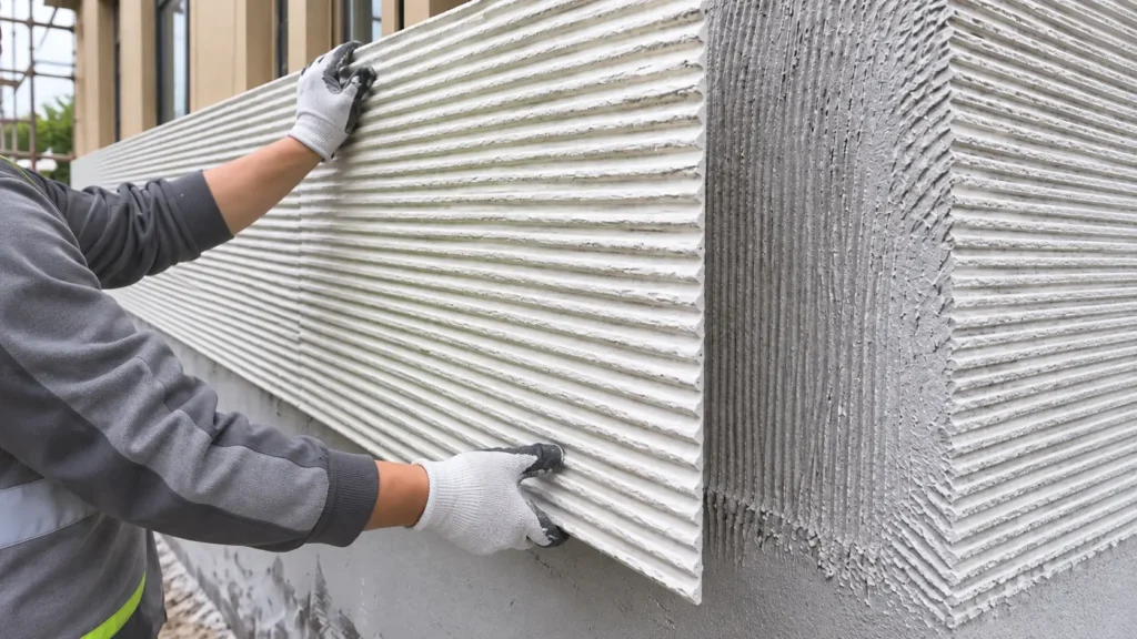 Worker installing a flexible stone wall panel onto an adhesive-coated exterior wall
