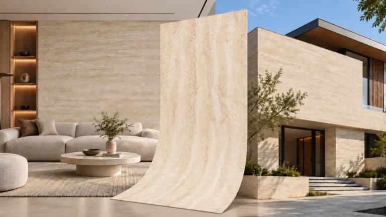 Flexible stone wall panel shown between a modern interior wall and exterior facade