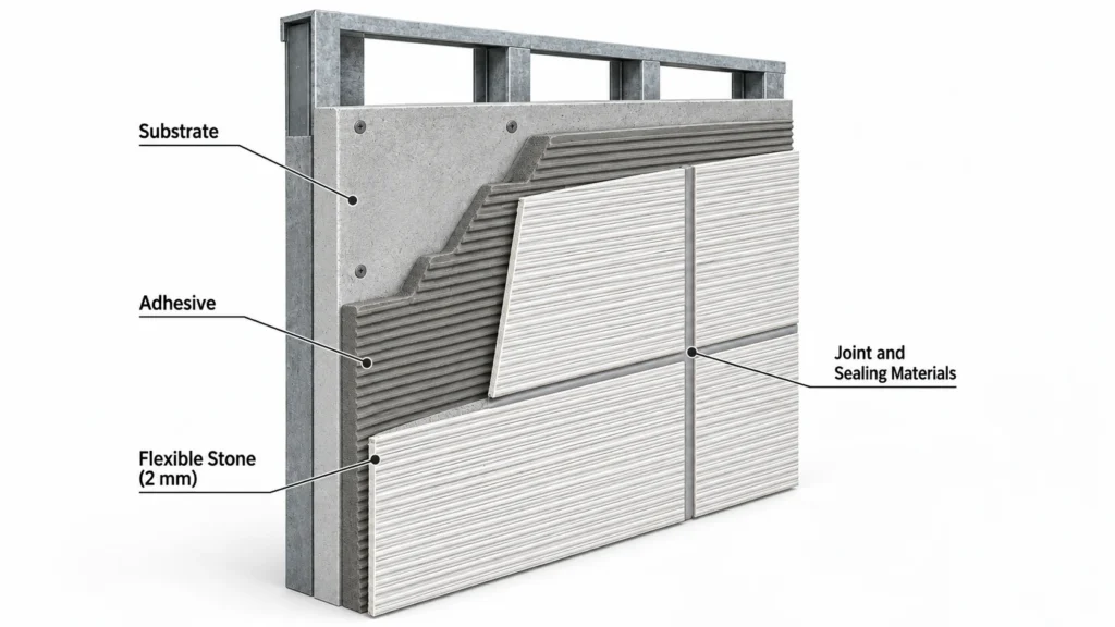 Wall system detail showing substrate, adhesive, 2 mm flexible stone and sealing joints