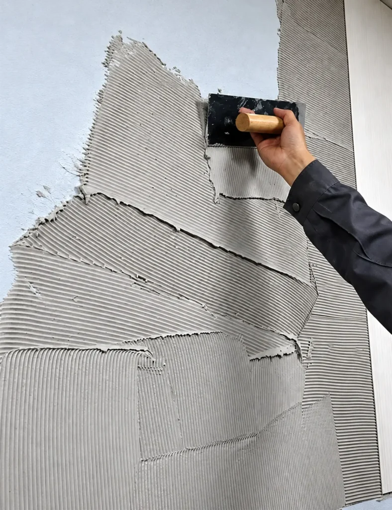Worker applying flexible stone adhesive evenly on the wall substrate with a notched trowel.