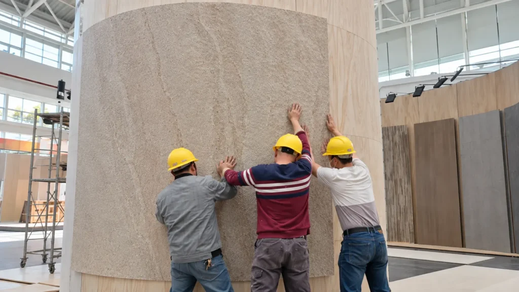 Workers installing a large flexible stone panel on a curved interior column.