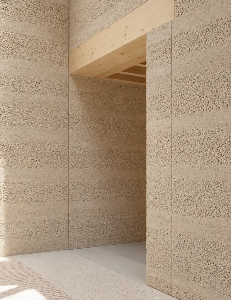 Light beige rammed earth veneer applied to minimalist interior walls with timber detailing