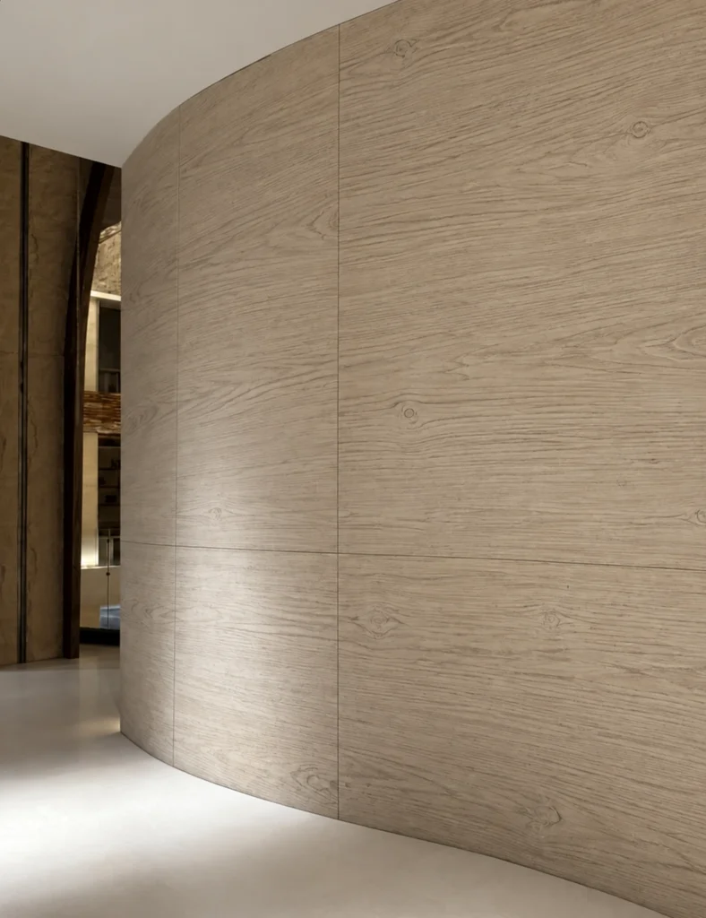 Light wood grain flexible stone panels applied to a curved interior wall with natural horizontal timber texture