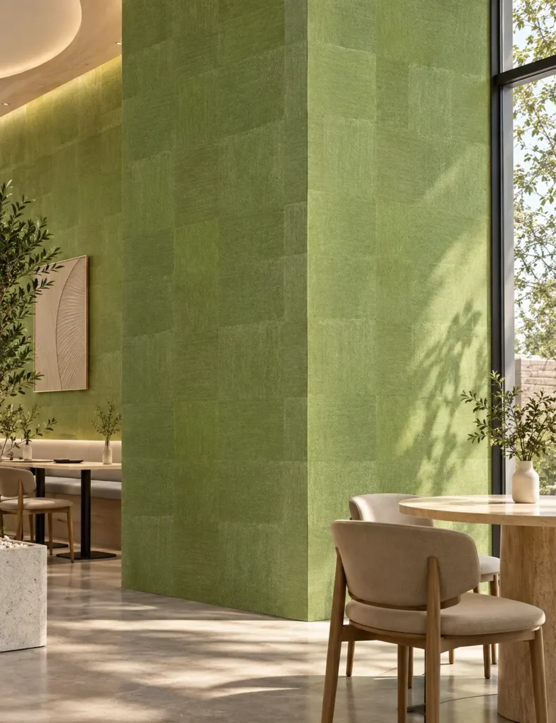 Moss green luxury gilded flexible stone veneer wall in a modern interior seating area