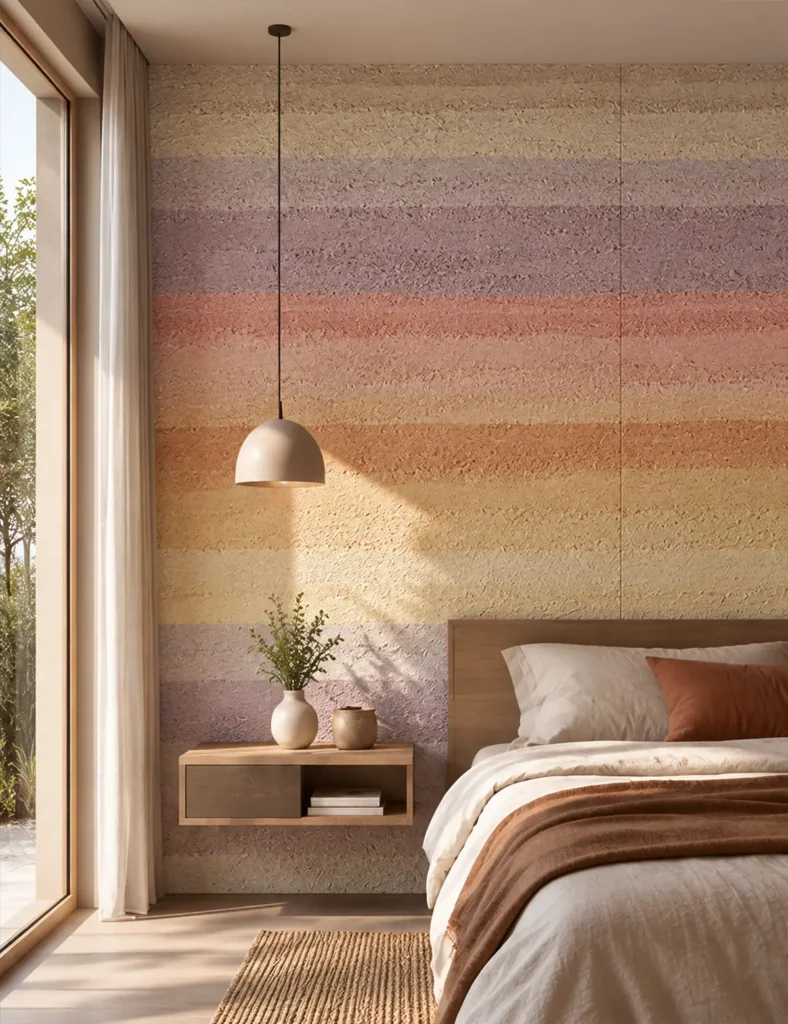 Multicolor rammed earth veneer feature wall in a warm modern bedroom