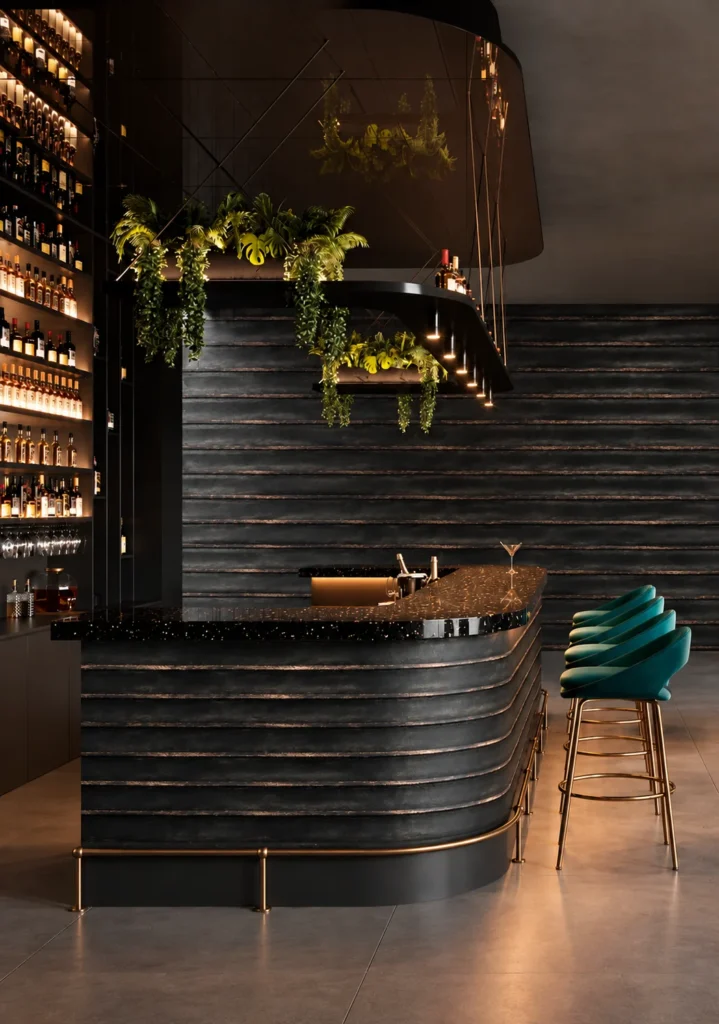 Dark ribbed bar wall and counter with subtle bronze highlights in a modern lounge