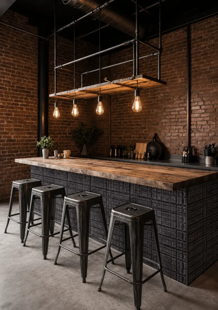 Dark geometric textured bar front in an industrial interior with wood and metal stools
