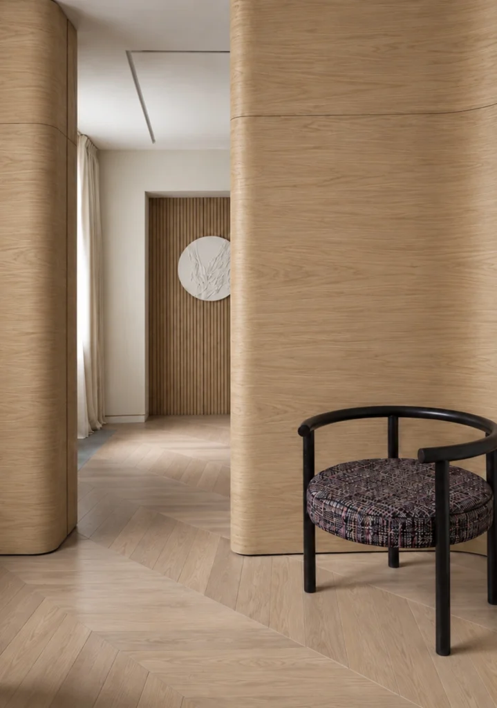Pale oak flexible stone veneer wrapped around curved interior walls in a modern residential space