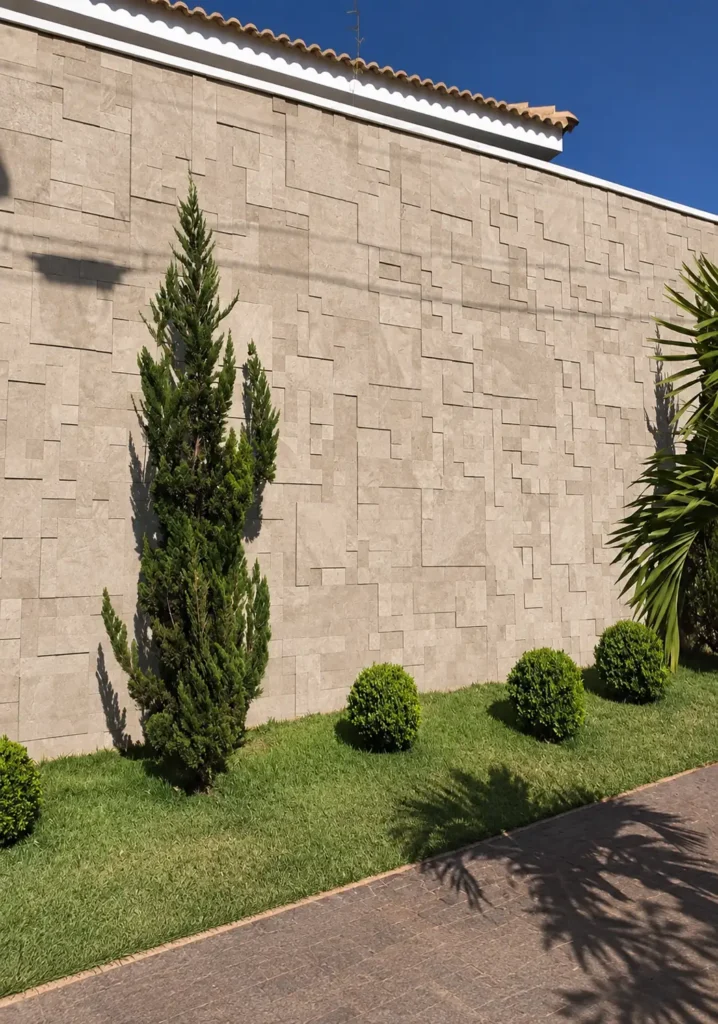 Patterned Travertine wall cladding on a landscaped exterior wall