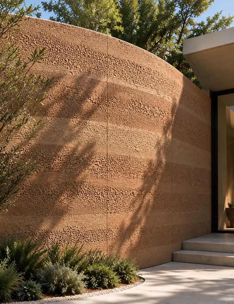 Rammed earth veneer applied to a curved exterior wall with warm natural earth tones