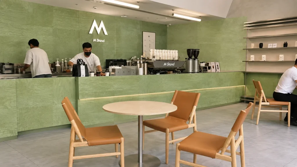 Sage Mist Flow flexible stone used on green cafe walls and counter
