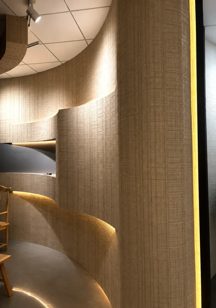 Saw-Cut Wood Grain flexible stone applied to curved interior walls in a modern commercial space