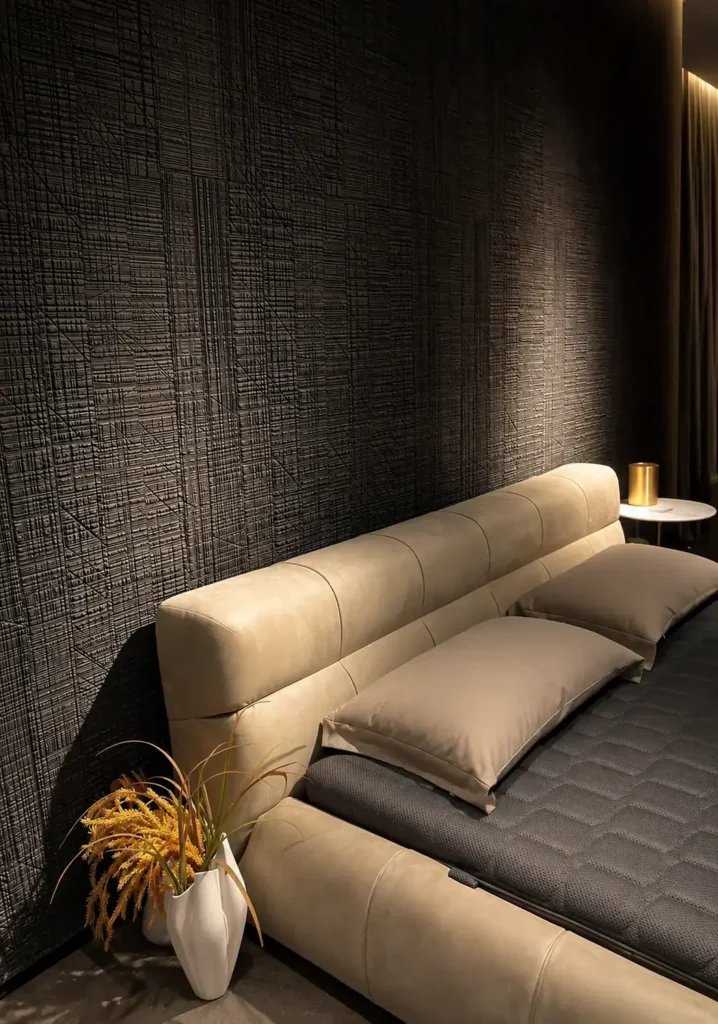 Dark Saw-Cut Wood Grain textured wall panel used as a bedroom feature wall