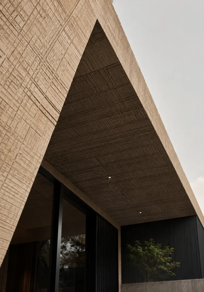 Saw-Cut Wood Grain textured wall cladding applied to a modern exterior facade and soffit