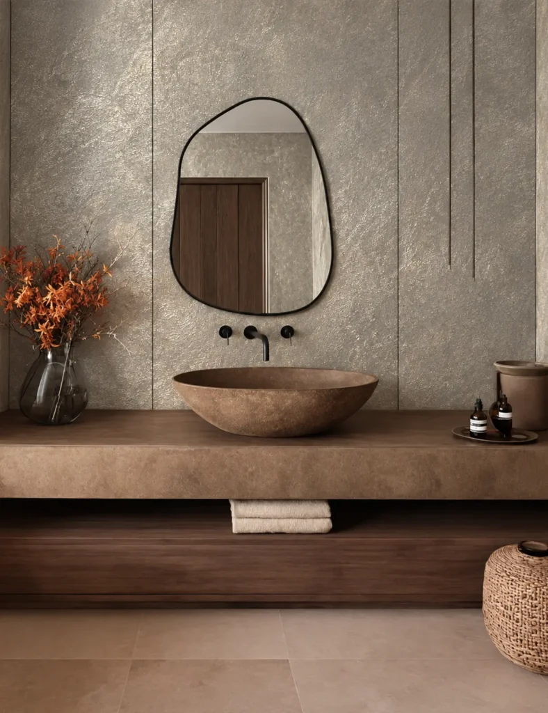 Silver metallic flexible stone veneer wall behind a modern bathroom vanity