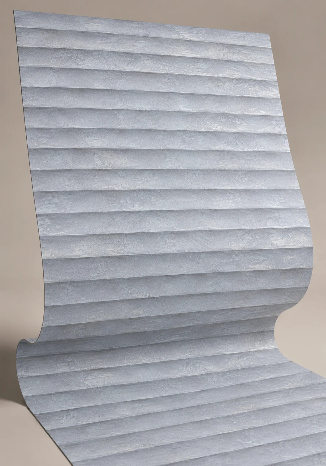 Curved light gray flexible stone sheet with horizontal layered ridges