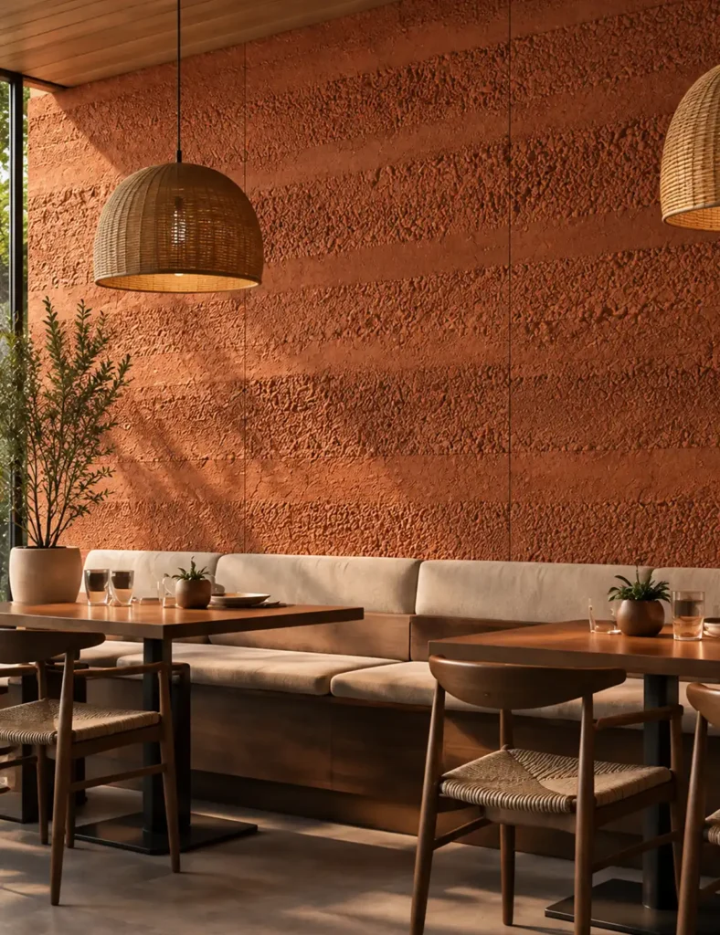 Terracotta MCM flexible tile on a textured restaurant feature wall with timber furniture