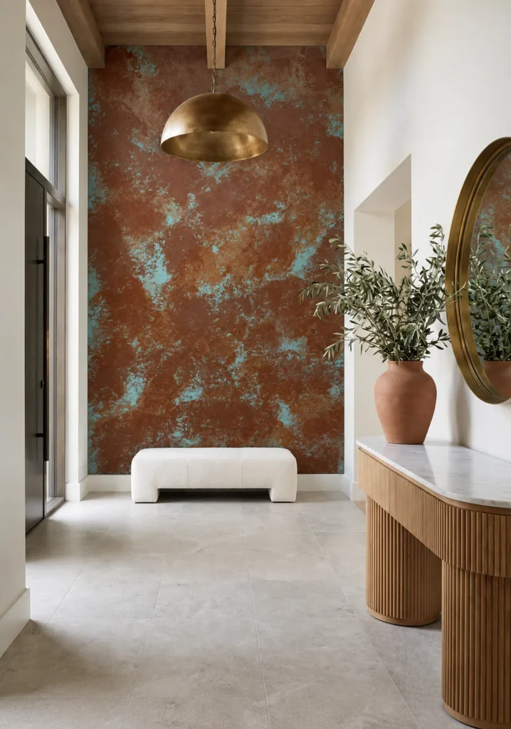 Verdigris Rust Antique Patina flexible stone wall panel with rust and blue-green oxidized finish