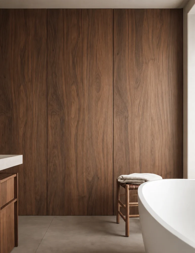 Warm brown wood grain flexible stone feature wall in a modern bathroom with freestanding bathtub